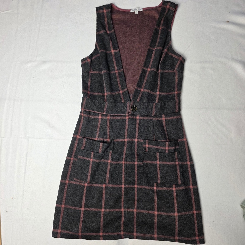 Charlotte Russe Women's Dress Plaid Pinafore Dress Gray Pink Academia Preppy